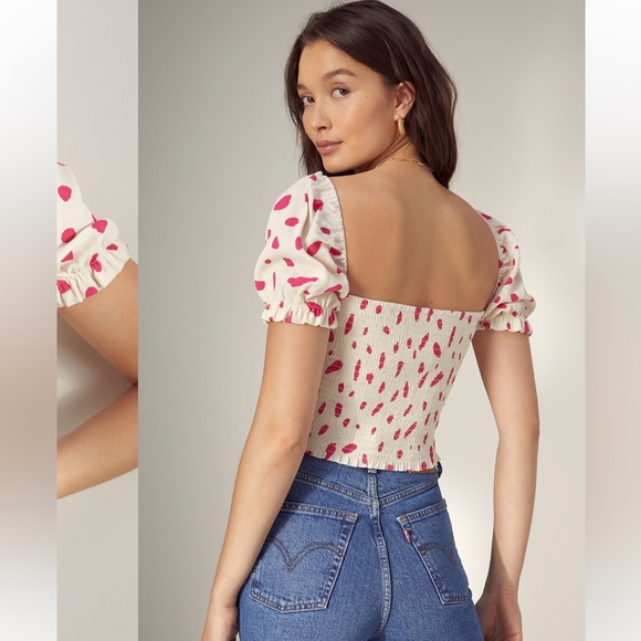 Wilfred by Aritzia White and Pink Puff Sleeve Crop Blouse - Picture 2 of 6